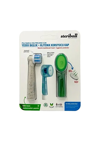 2 Adet Steriball Şarjlı Diş Fırçası Yedek Başlık + Hijyenik Koruyucu Kapak