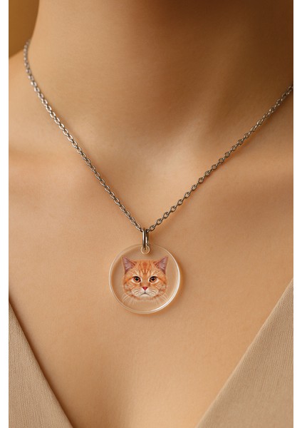 Şeffaf Sert Akrilik Kolye Ucu ve Üzeri Zincirli Desenli Kolye Turuncu Kedi