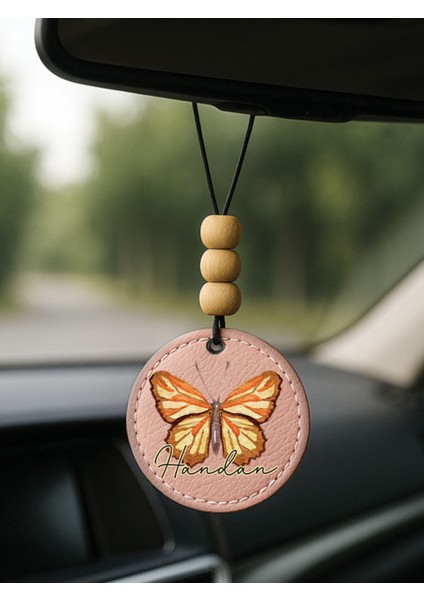 Kişiye Özel Isim Yazılı 1.sınıf Deri Ahşap Dekorlu Dikiz Aynası Süsü Pudra Pembe - Kelebek