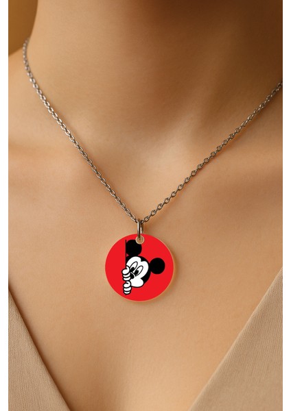 Şeffaf Sert Akrilik Kolye Ucu ve Üzeri Zincirli Desenli Kolye Mickeyyy