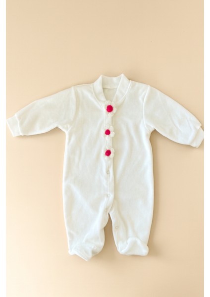 Kadife Tulum 2 Parça Yenidoğan Tulum & Şapka Uzun Kollu Papatya Detaylı Kadife Kıyafet 0-3 Ay