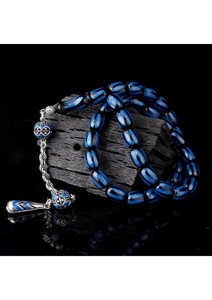 925 Ayar Gümüş Mineli Püsküllü Siyah Lacivert Renk Ateş Kehribar Tesbih