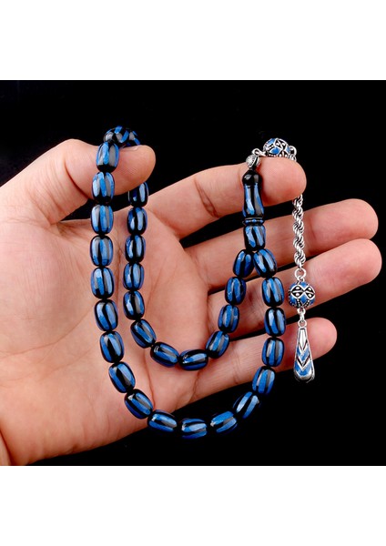 925 Ayar Gümüş Mineli Püsküllü Siyah Lacivert Renk Ateş Kehribar Tesbih fırsatları