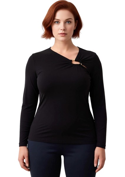 Kadın Büyük Beden Örme Bluz Zarif Asimetrik Yaka ve Metal Aksesuar Detayı Kaliteli Şık Rahat