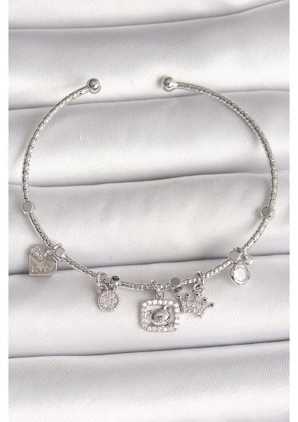 Bfs Pirinç Gümüş Renk Sallantı Zirkon Taşlı Ayıcık Figür Taç Detay Charm Kadın Bileklik