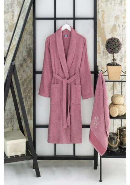 Shine Pamuklu Nakışlı Işlemeli Şal Yaka Bornoz - Saç Havlu Set