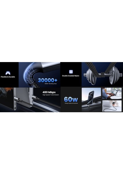 Usb-C 60W 3A Qc Pd Örgülü Hızlı Şarj Kablosu, 1 Metre, Siyah, 15373 modelleri