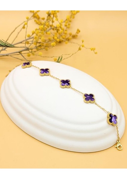 Mor Hologram Taşlı Gold Çift Taraflı Şans Yoncası Bileklik