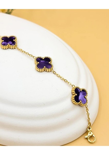 Mor Hologram Taşlı Gold Çift Taraflı Şans Yoncası Bileklik fiyatları