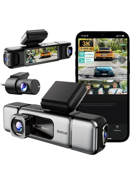 3k 4 Kanallı Araç Kamerası, 560°, 3.18 Inç Dokunmatik Ekranlı Ön ve Arka Araç Içi Kamera, Araç Kamerası 7/24 Modu, Dahili Gps, 5.8g Wifi Gece Görüşü, Ses Kontrolü 128 GB Hafıza Kartlı