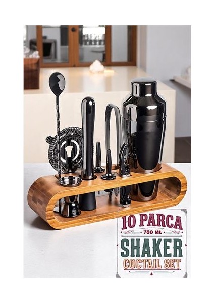 Shaker Kokteyl Set - 10 Parça 750 ml Shaker Coctail Set Bambu Standlı