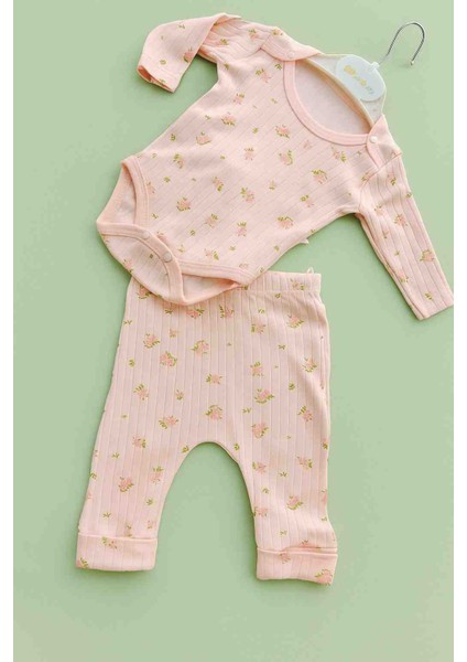 %100 Pamuklu Yumuşacık Kız Bebek Pembe Çiçekli Zıbın Takımı