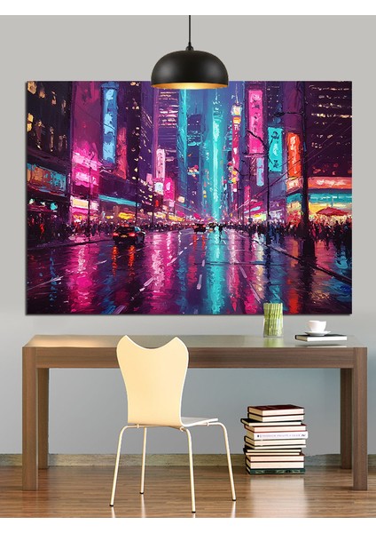 Neon Işıklı Şehir Gecesi Dekoratif Kanvas - Mdf Ahşap Tablo