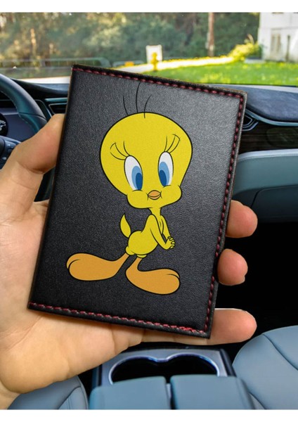 Desenli Ruhsat Kabı Logolu Oto Kılıfı Deri Dikişli Araç Ruhsat Koruyucu Tweety