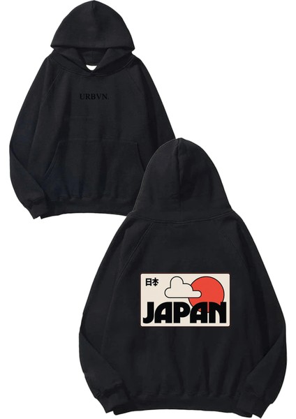 Japan Sun Tasarım Baskılı Oversize Siyah Kapüşonlu Sweatshirt