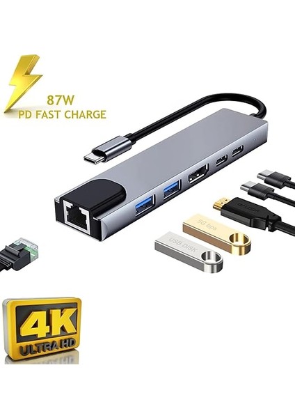 Cf-04 Macbook Uyumlu Type-C™ To 4K HDMI Tv Projeksiyon UHD 1080P 2* Type-C 2* USB Sd/tf RJ45 Ethernet Lan 8ın1 Çevirici Hub Adaptör modelleri