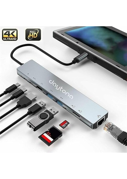 Cf-04 Macbook Uyumlu Type-C™ To 4K HDMI Tv Projeksiyon UHD 1080P 2* Type-C 2* USB Sd/tf RJ45 Ethernet Lan 8ın1 Çevirici Hub Adaptör indirimleri