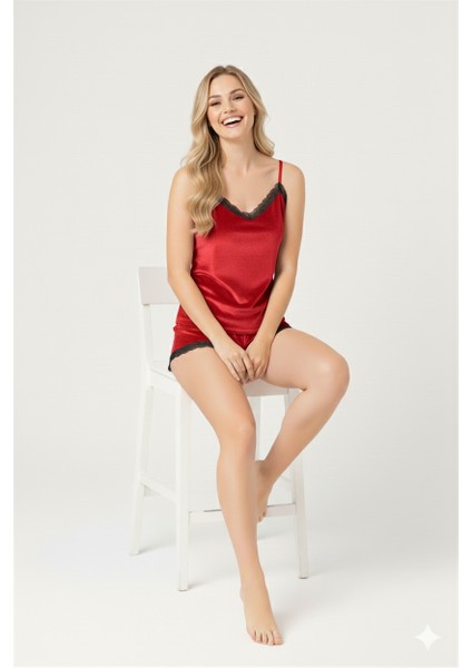 Kırmızı Kadife Şortlu Askılı Gecelik Takım modelleri