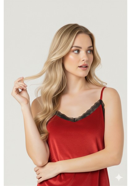 Kırmızı Kadife Şortlu Askılı Gecelik Takım indirimleri