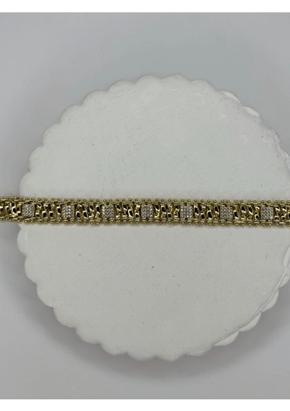 Silver Kare Taşlı Gold Örme Model Bileklik