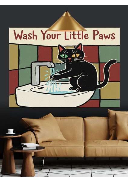 Kediler Banyo Yapan Komik Çizim Dekoratif Kanvas - Mdf Ahşap Tablo