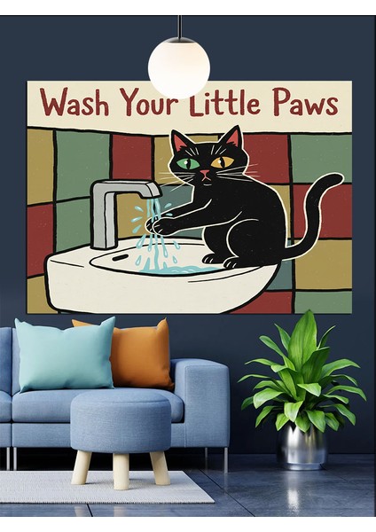 Kediler Banyo Yapan Komik Çizim Dekoratif Kanvas - Mdf Ahşap Tablo indirimleri