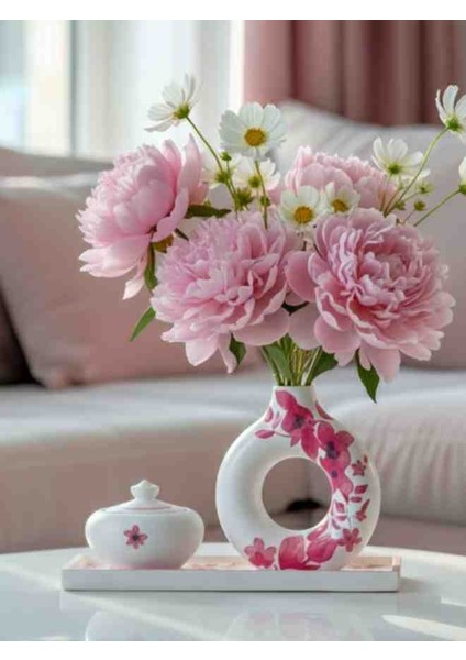 Dekoratif Donut Halkalı Çiçek Desenli Kaseli Bohem Zarif Ev,ofis ve Hediyelik Dekorasyon Vazo Seti