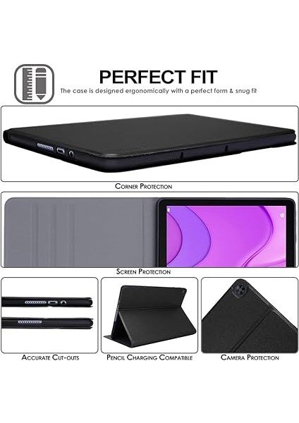 Huawei Matepad T10 9,7 Inç / T10S 10,1 Inç Premium Pu Deri Ince Kılıf Üç Katlı Stand Kapağı Yumuşak Tpu Tutucu ve Köşe Korumalı, Yumuşak Tpu Tutucu - Siyah modelleri