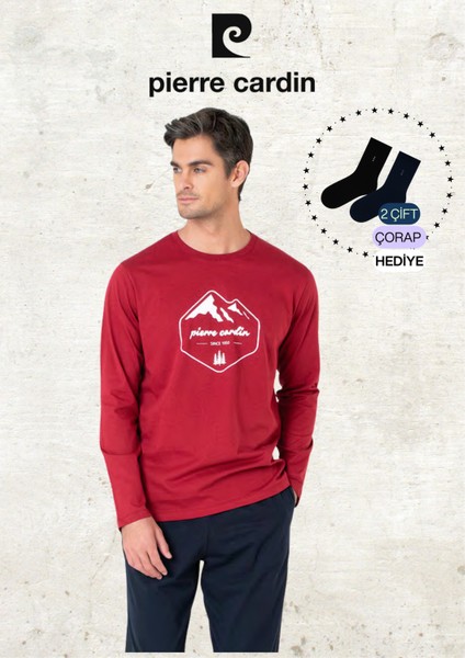 Erkek %100 Pamuk Uzun Kollu Desenli Bordo Pijama Takımı (2 Adet Hediye Çorap) L1.PC.6097.001