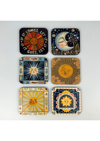 Bohem Retro Güneş Sanatsal 6’lı Bardak Altlığı Seti