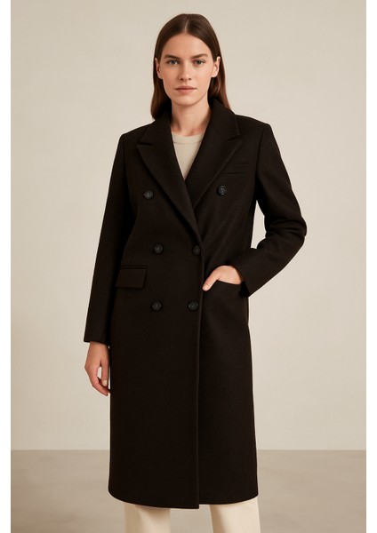 Acı-Kahve Asimetrik Kapama Düğme ve Cep Detaylı Uzun Kaban