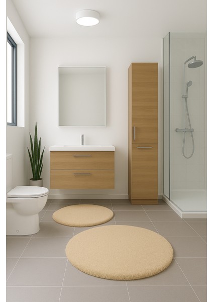 2'li Bej Yuvarlak Yumuşak Kaymaz Taban Peluş Yıkanabilir Banyo Oturma Odası HALI(60X60 ve 80X80)