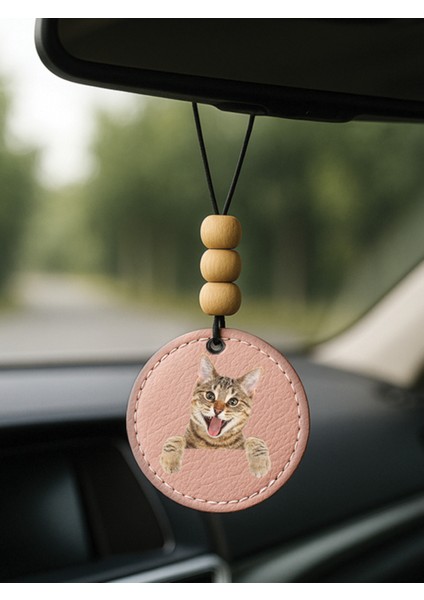 Suni Deri Ahşap Süslemeli Desenli Dikiz Aynası Süsü Pudra Pembe - Bengal Kedisi