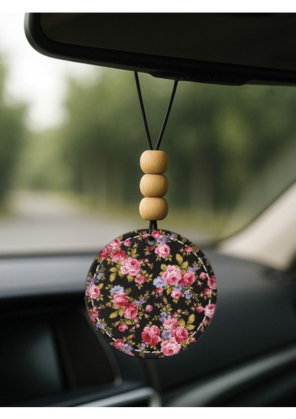 Özel Tasarım Deri Baskılı Desenli Araba Dikiz Aynası Süsü Siyah - Çiçek Doku