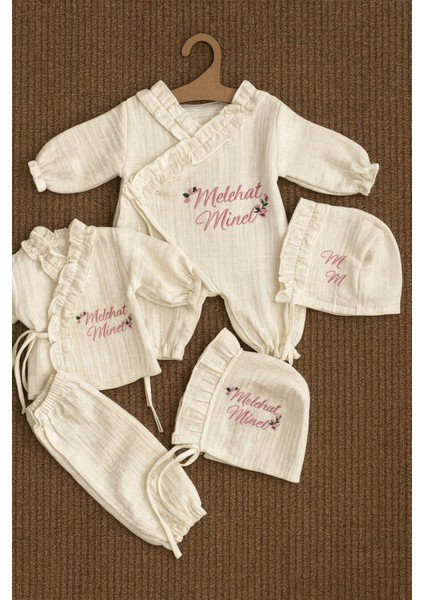 Isimli Nakışlı Müslin 5'li Hastane Çıkış Seti
