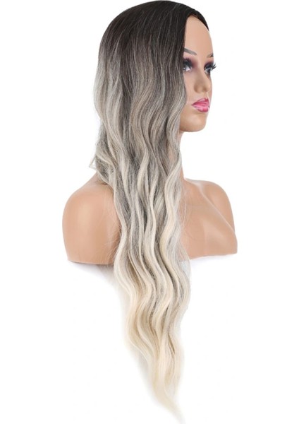 Uzun Su Dalgası Fiber Sentetik Peruk - Küllü Kumral / Beyaz Platin Ombre modelleri