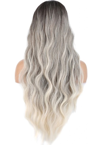 Uzun Su Dalgası Fiber Sentetik Peruk - Küllü Kumral / Beyaz Platin Ombre indirimleri