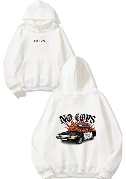 No Cops Tasarım Baskılı Oversize Beyaz Kapüşonlu Sweatshirt