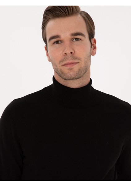 Erkek Siyah Slim Fit Balıkçı Yaka Pamuk Karışımlı Basic Triko Kazak 50318678-VR046 fiyatları