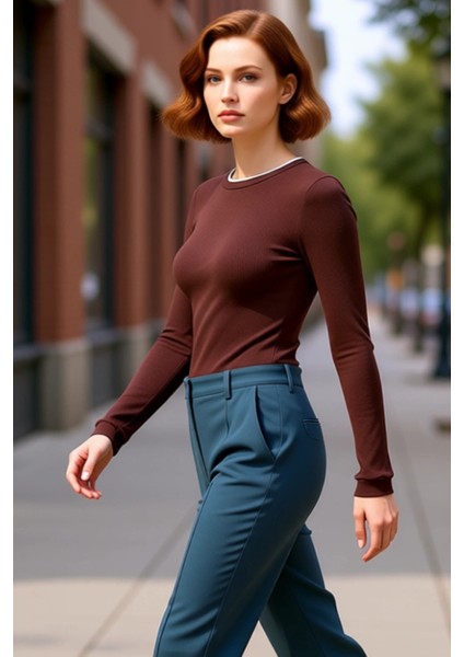 Kadın Düz Desenli Bisiklet Yaka Uzun Kollu Esnek Örme Kaliteli Şık Rahat Modern Zarif Günlük