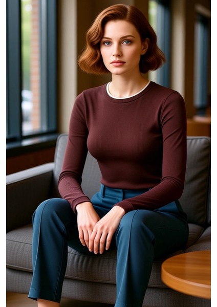 Kadın Düz Desenli Bisiklet Yaka Uzun Kollu Esnek Örme Kaliteli Şık Rahat Modern Zarif Günlük fiyatları