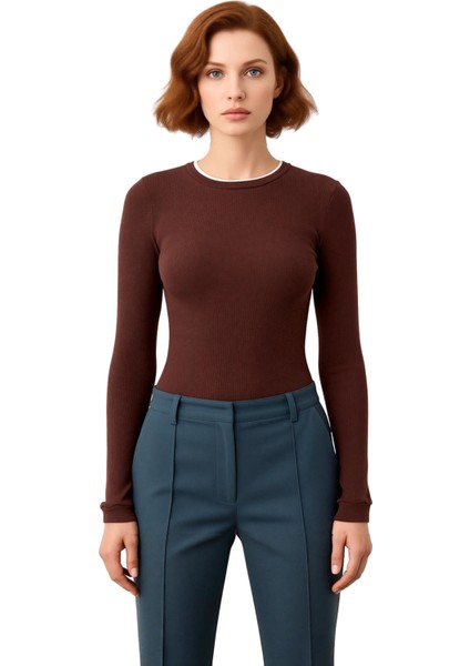 Kadın Düz Desenli Bisiklet Yaka Uzun Kollu Esnek Örme Kaliteli Şık Rahat Modern Zarif Günlük modelleri