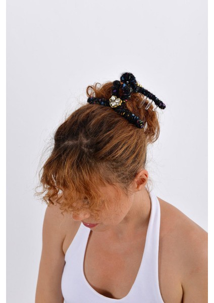 Siyah Yün Sargılı Saç Tokası