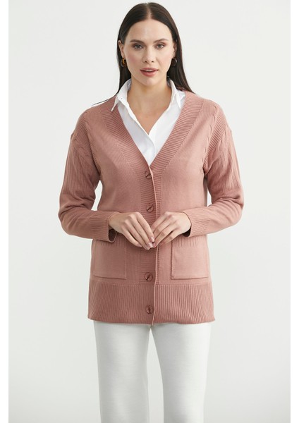 Oversize Cepli Triko Hırka - Gül