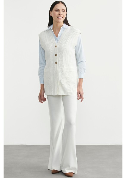 Cepli Düğmeli Triko Yelek - Kemik