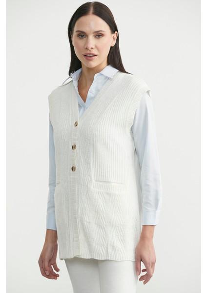 Cepli Düğmeli Triko Yelek - Kemik fırsatları