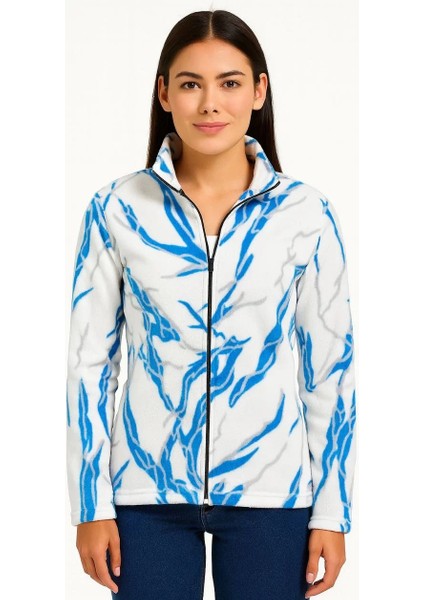 Kadın Tam Fermuarlı Desenli Polar Sweat Lightning Desen Yakalı, Uzun Kollu, Oversize Rahat Kalıp - Beyaz