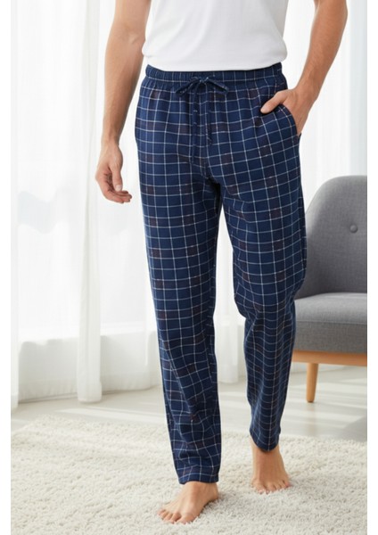 Kareli Pamuklu Elastan Erkek Pijama Altı Ince Rahat Kalıp Cepli Ipli Esnek Lacivert-Bordo Ekoseli