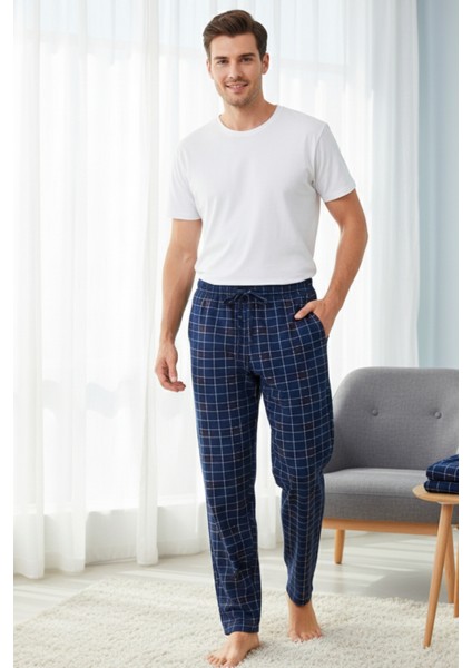 Kareli Pamuklu Elastan Erkek Pijama Altı Ince Rahat Kalıp Cepli Ipli Esnek Lacivert-Bordo Ekoseli fiyatları