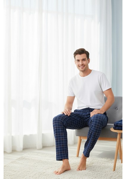 Kareli Pamuklu Elastan Erkek Pijama Altı Ince Rahat Kalıp Cepli Ipli Esnek Lacivert-Bordo Ekoseli modelleri